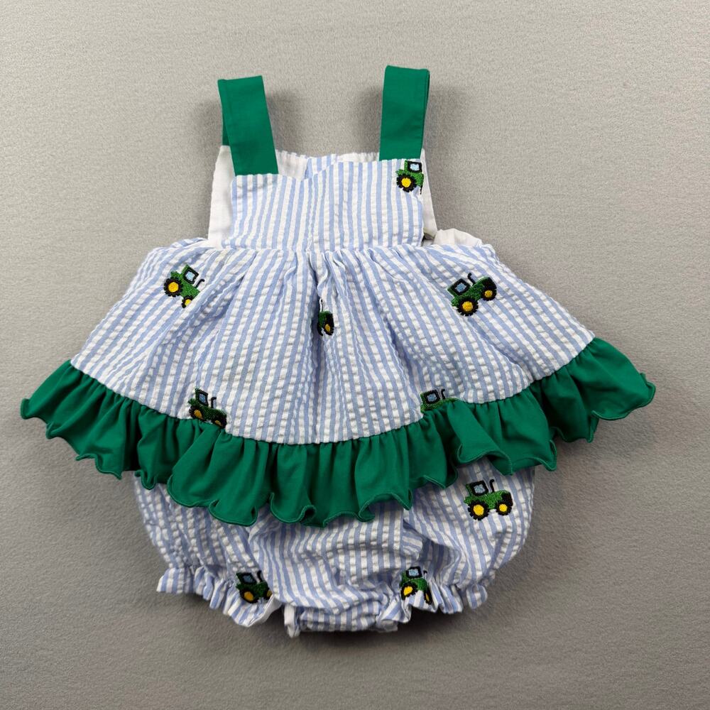 SDS Tractor Seersucker Bubble Romper 9M Boutique